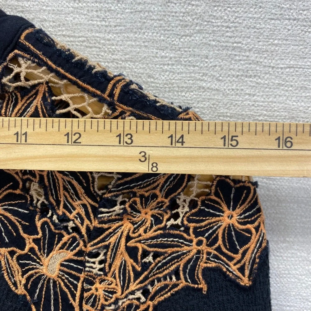 Free People Easy Breezy Henley Top Womens Med Black Orange Lace Accents Boho‎